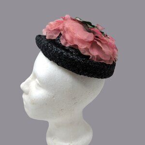 Vintage Battlestein's Hat Raffia Black Floral Pink